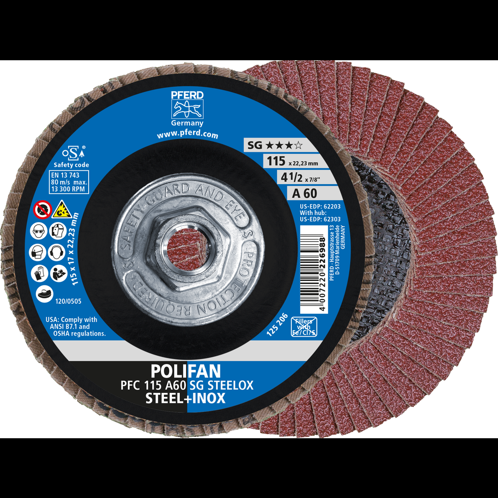 PFERD Flap Disc, 4-1/2&#34; x 5/8-11, A SG STEELOX, 60 Grit, T29, Conical, Aluminum oxide<span class=' ItemWarning' style='display:block;'>Item is usually in stock, but we&#39;ll be in touch if there&#39;s a problem<br /></span>