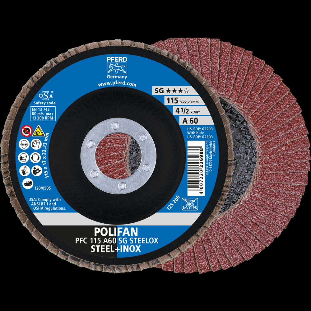 PFERD Flap Disc, 4-1/2&#34; x 7/8, A SG STEELOX, 60 Grit, T29, Conical, Aluminum oxide<span class=' ItemWarning' style='display:block;'>Item is usually in stock, but we&#39;ll be in touch if there&#39;s a problem<br /></span>