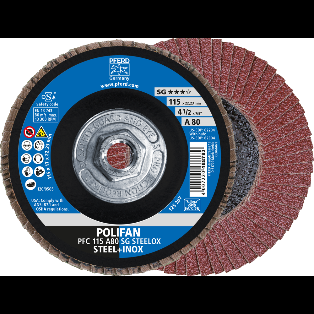 PFERD Flap Disc, 4-1/2&#34; x 5/8-11, A SG STEELOX, 80 Grit, T29, Conical, Aluminum oxide<span class=' ItemWarning' style='display:block;'>Item is usually in stock, but we&#39;ll be in touch if there&#39;s a problem<br /></span>