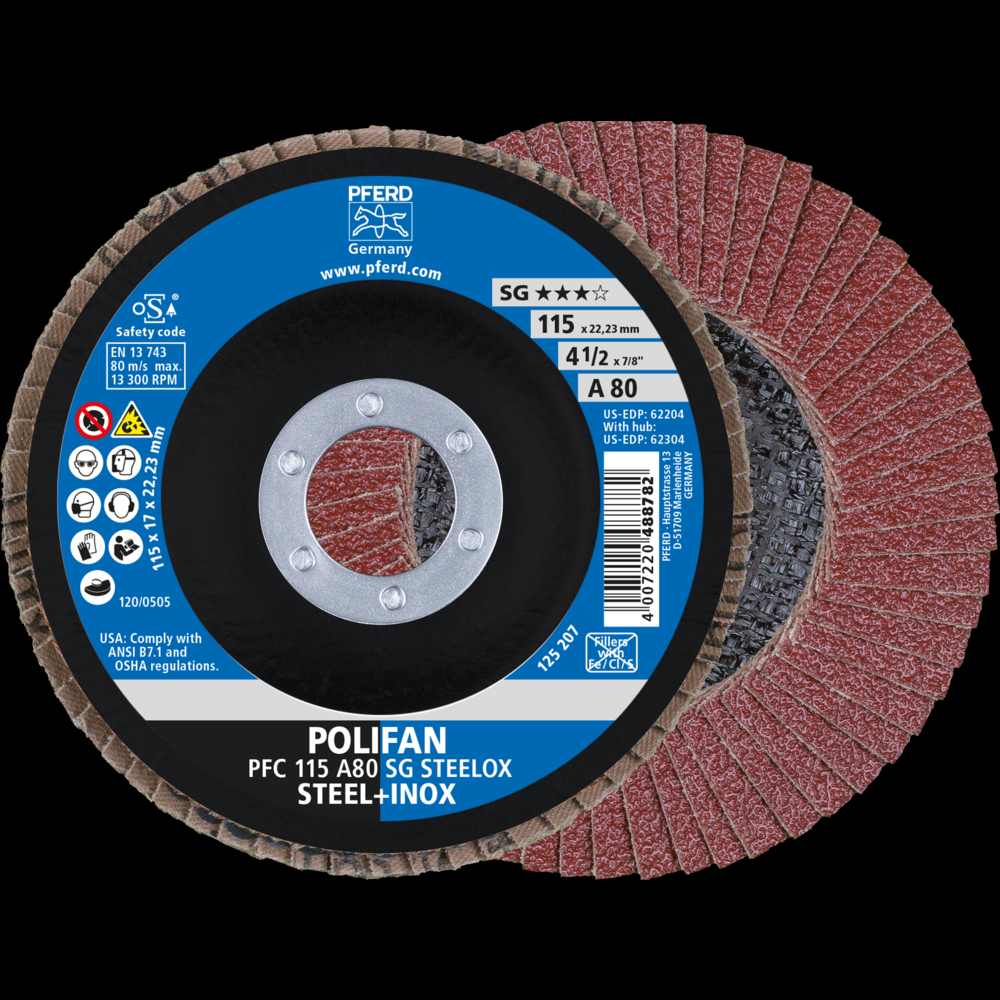 PFERD Flap Disc, 4-1/2&#34; x 7/8, A SG STEELOX, 80 Grit, T29, Conical, Aluminum oxide<span class=' ItemWarning' style='display:block;'>Item is usually in stock, but we&#39;ll be in touch if there&#39;s a problem<br /></span>