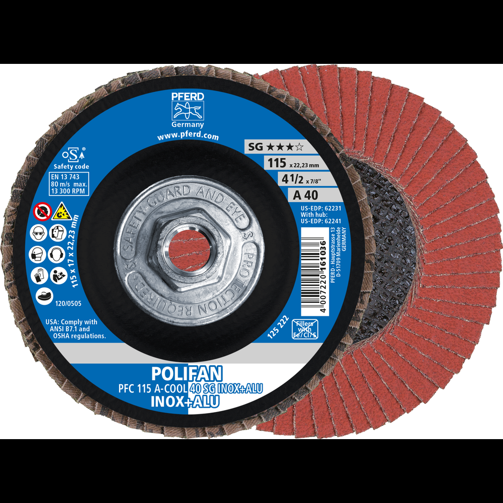 PFERD Flap Disc, 4-1/2&#34;x5/8-11, A-COOL SG INOX+ALU, 40 Grit,T29,Conical,Aluminum oxide<span class=' ItemWarning' style='display:block;'>Item is usually in stock, but we&#39;ll be in touch if there&#39;s a problem<br /></span>