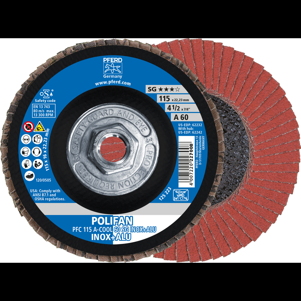 PFERD Flap Disc, 4-1/2&#34;x5/8-11, A-COOL SG INOX+ALU, 60 Grit,T29,Conical,Aluminum oxide<span class=' ItemWarning' style='display:block;'>Item is usually in stock, but we&#39;ll be in touch if there&#39;s a problem<br /></span>