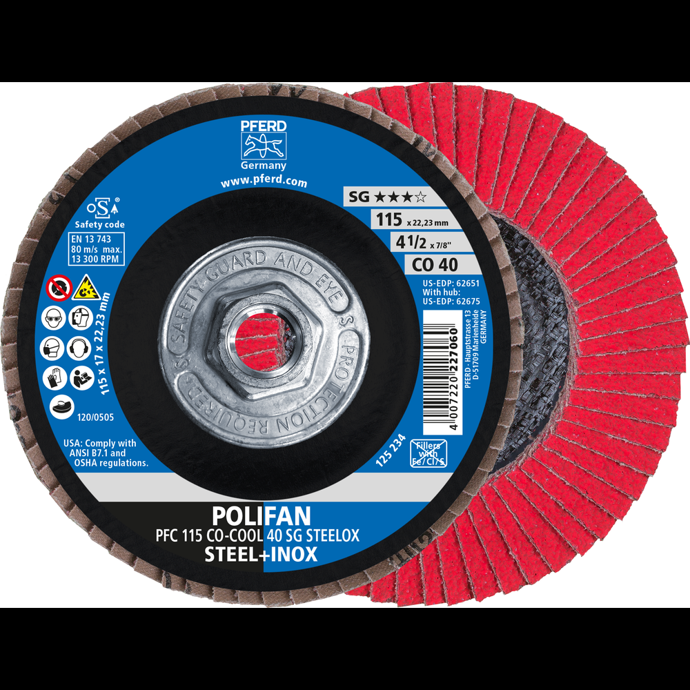 PFERD Flap Disc, 4-1/2&#34; x 5/8-11, CO-COOL SG STEELOX,40 Grit,T29,Conical,Ceramic oxide<span class=' ItemWarning' style='display:block;'>Item is usually in stock, but we&#39;ll be in touch if there&#39;s a problem<br /></span>