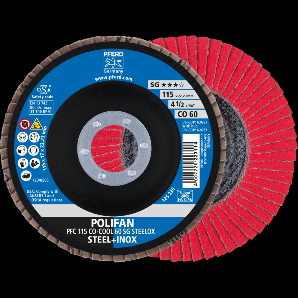 PFERD Flap Disc, 4-1/2&#34; x 7/8, CO-COOL SG STEELOX, 60 Grit, T29, Conical,Ceramic oxide<span class=' ItemWarning' style='display:block;'>Item is usually in stock, but we&#39;ll be in touch if there&#39;s a problem<br /></span>