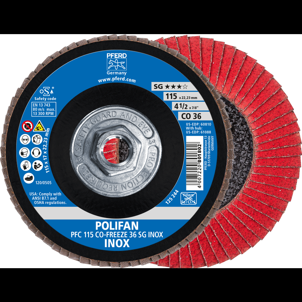 PFERD Flap Disc, 4-1/2&#34; x 5/8-11, CO-FREEZE SG INOX, 36 Grit, T29, Conical, Ceramic<span class=' ItemWarning' style='display:block;'>Item is usually in stock, but we&#39;ll be in touch if there&#39;s a problem<br /></span>