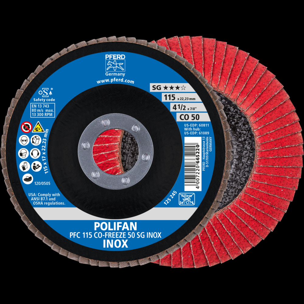 PFERD Flap Disc, 4-1/2&#34; x 7/8, CO-FREEZE SG INOX, 50 Grit, T29, Conical, Ceramic<span class=' ItemWarning' style='display:block;'>Item is usually in stock, but we&#39;ll be in touch if there&#39;s a problem<br /></span>