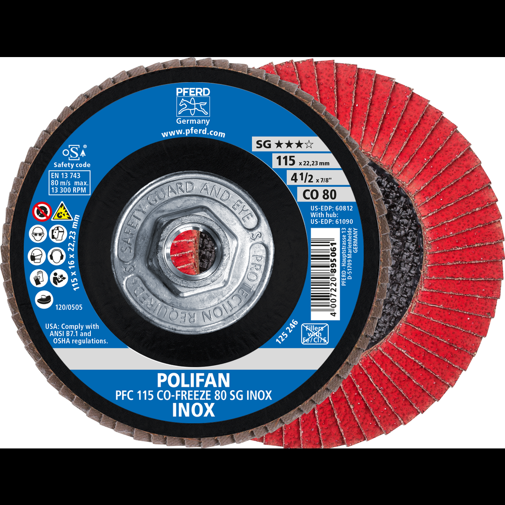 PFERD Flap Disc, 4-1/2&#34; x 5/8-11, CO-FREEZE SG INOX, 80 Grit, T29, Conical, Ceramic<span class=' ItemWarning' style='display:block;'>Item is usually in stock, but we&#39;ll be in touch if there&#39;s a problem<br /></span>