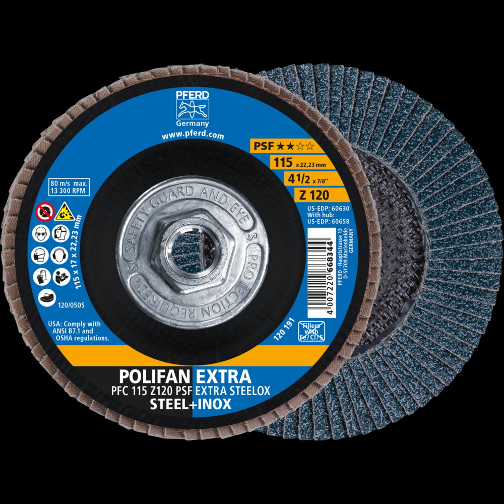 PFERD Flap Disc, 4-1/2&#34; x 5/8-11, Z PSF EXTRA STEELOX, 120 Grit, T29, Conical,Zirconia<span class=' ItemWarning' style='display:block;'>Item is usually in stock, but we&#39;ll be in touch if there&#39;s a problem<br /></span>