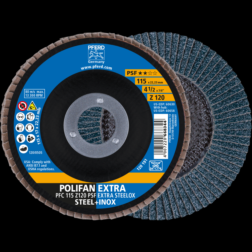 PFERD Flap Disc, 4-1/2&#34; x 7/8, Z PSF EXTRA STEELOX, 120 Grit, T29, Conical, Zirconia<span class=' ItemWarning' style='display:block;'>Item is usually in stock, but we&#39;ll be in touch if there&#39;s a problem<br /></span>