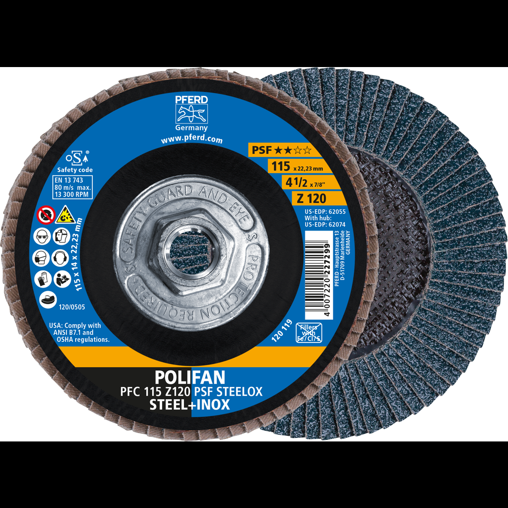 PFERD Flap Disc, 4-1/2&#34; x 5/8-11, Z PSF STEELOX, 120 Grit, T29, Conical, Zirconia<span class=' ItemWarning' style='display:block;'>Item is usually in stock, but we&#39;ll be in touch if there&#39;s a problem<br /></span>