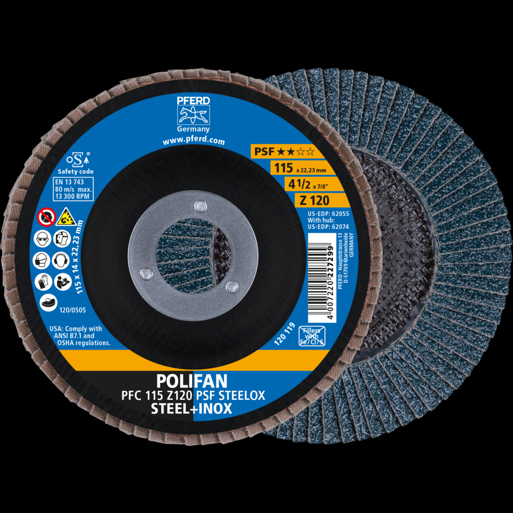 PFERD Flap Disc, 4-1/2&#34; x 7/8, Z PSF STEELOX, 120 Grit, T29, Conical, Zirconia<span class=' ItemWarning' style='display:block;'>Item is usually in stock, but we&#39;ll be in touch if there&#39;s a problem<br /></span>