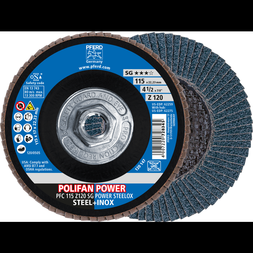 PFERD Flap Disc, 4-1/2&#34; x 5/8-11, Z SG POWER STEELOX, 120 Grit, T29, Conical, Zirconia<span class=' ItemWarning' style='display:block;'>Item is usually in stock, but we&#39;ll be in touch if there&#39;s a problem<br /></span>