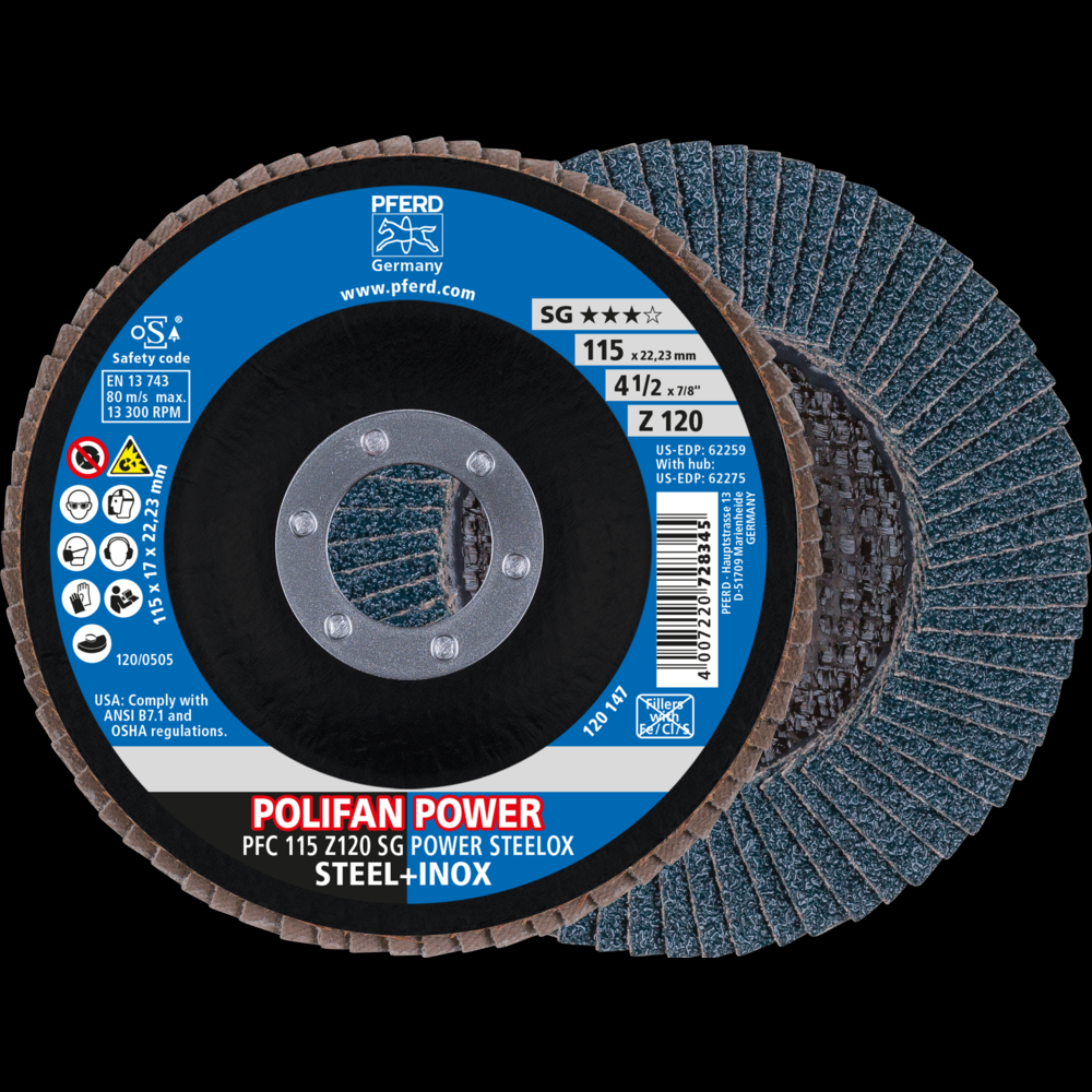 PFERD Flap Disc, 4-1/2&#34; x 7/8, Z SG POWER STEELOX, 120 Grit, T29, Conical, Zirconia<span class=' ItemWarning' style='display:block;'>Item is usually in stock, but we&#39;ll be in touch if there&#39;s a problem<br /></span>