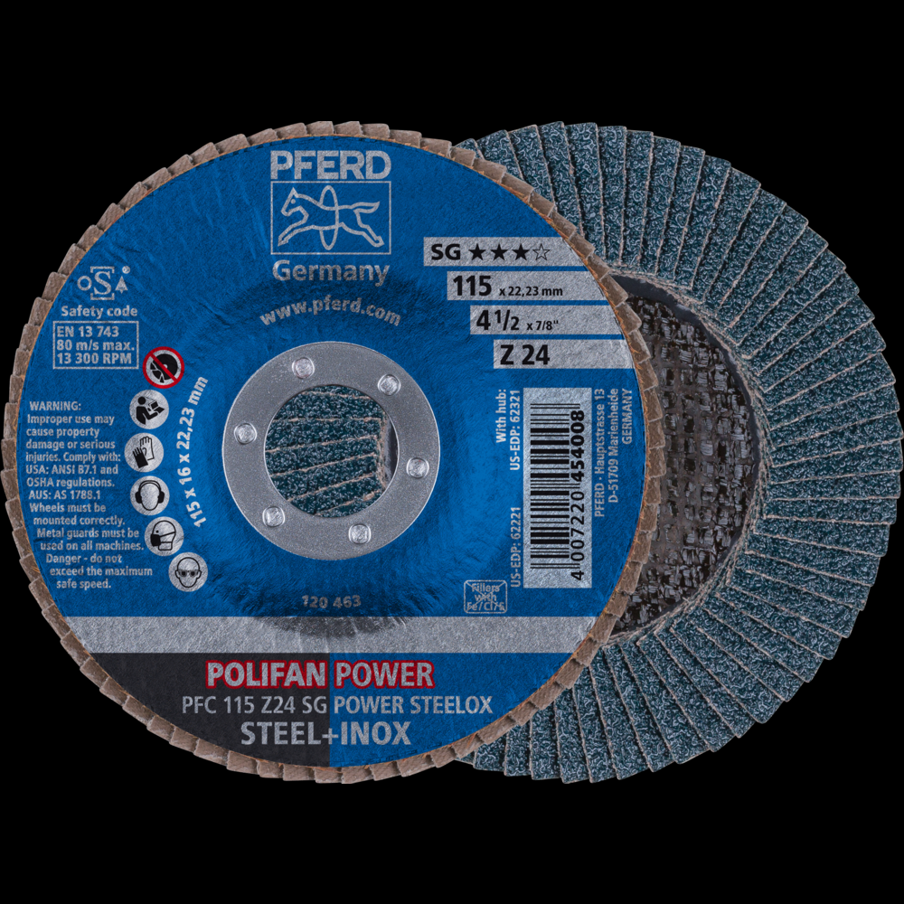 PFERD Flap Disc, 4-1/2&#34; x 7/8, Z SG POWER STEELOX, 24 Grit, T29, Conical, Zirconia<span class=' ItemWarning' style='display:block;'>Item is usually in stock, but we&#39;ll be in touch if there&#39;s a problem<br /></span>