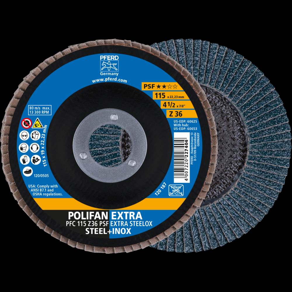 PFERD Flap Disc, 4-1/2&#34; x 7/8, Z PSF EXTRA STEELOX, 36 Grit, T29, Conical, Zirconia<span class=' ItemWarning' style='display:block;'>Item is usually in stock, but we&#39;ll be in touch if there&#39;s a problem<br /></span>