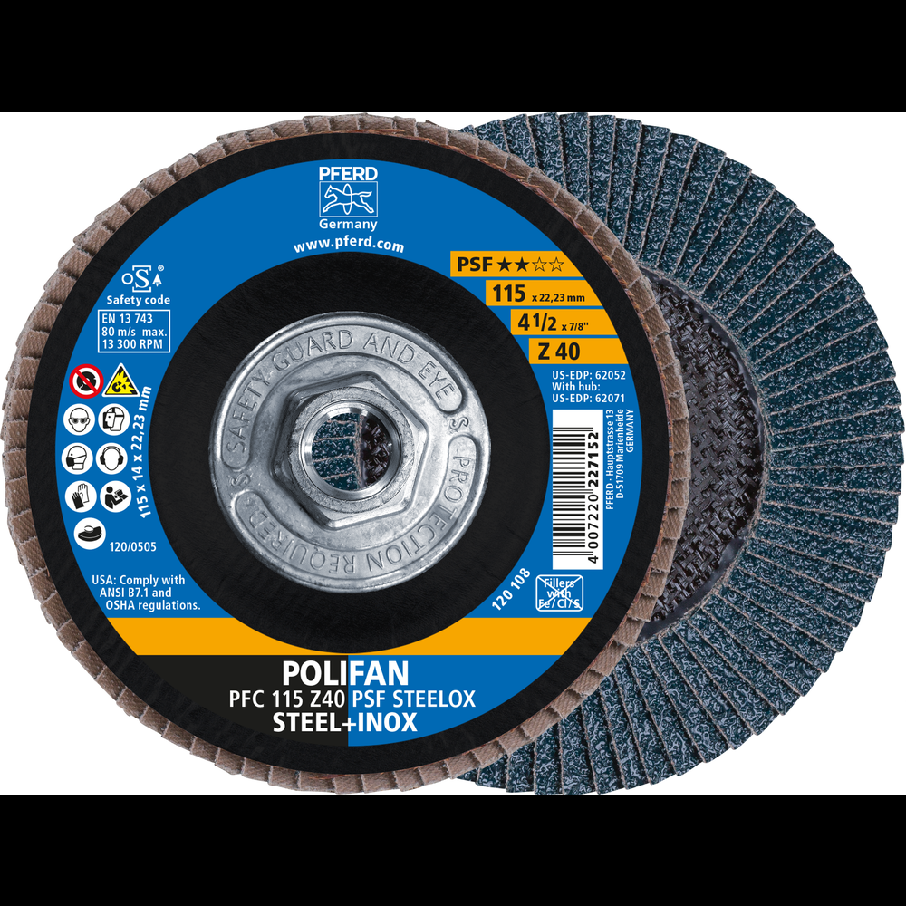 PFERD Flap Disc, 4-1/2&#34; x 5/8-11, Z PSF STEELOX, 40 Grit, T29, Conical, Zirconia<span class=' ItemWarning' style='display:block;'>Item is usually in stock, but we&#39;ll be in touch if there&#39;s a problem<br /></span>