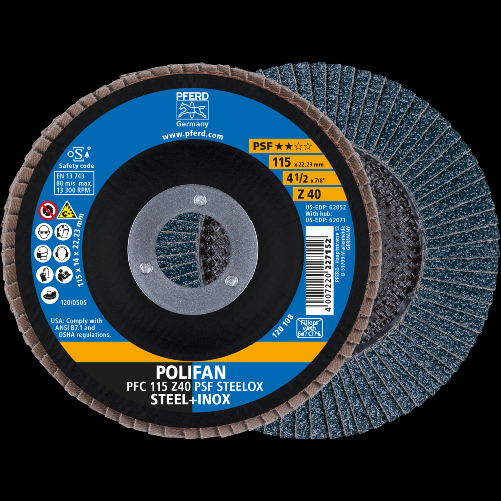 PFERD Flap Disc, 4-1/2&#34; x 7/8, Z PSF STEELOX, 40 Grit, T29, Conical, Zirconia<span class=' ItemWarning' style='display:block;'>Item is usually in stock, but we&#39;ll be in touch if there&#39;s a problem<br /></span>