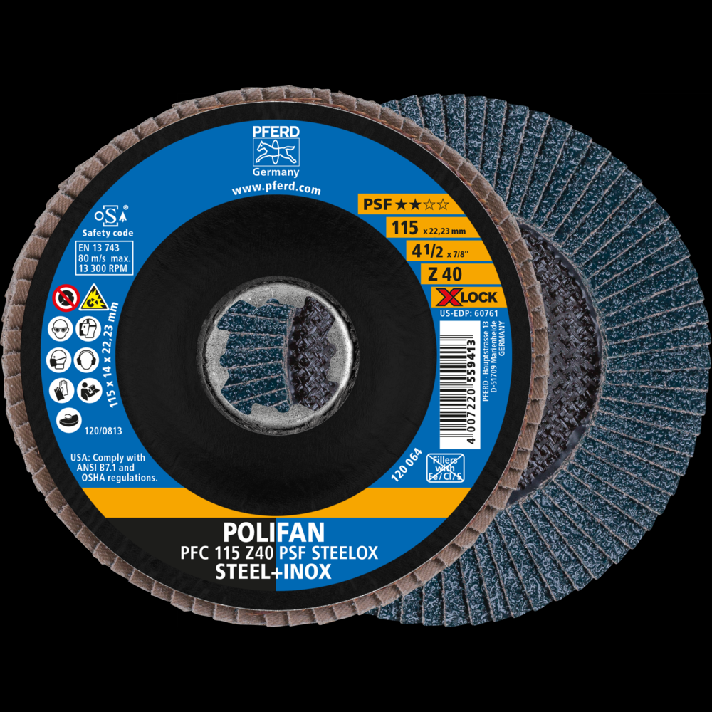 PFERD Flap Disc, 4-1/2&#34;, X-LOCK, Z PSF EXTRA STEELOX, 40 Grit, T29, Conical, Zirconia<span class=' ItemWarning' style='display:block;'>Item is usually in stock, but we&#39;ll be in touch if there&#39;s a problem<br /></span>