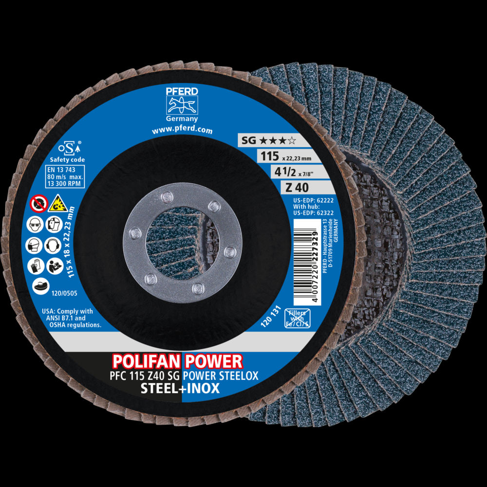 PFERD Flap Disc, 4-1/2&#34; x 7/8, Z SG POWER STEELOX, 40 Grit, T29, Conical, Zirconia<span class=' ItemWarning' style='display:block;'>Item is usually in stock, but we&#39;ll be in touch if there&#39;s a problem<br /></span>