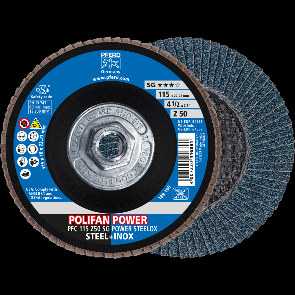 PFERD Flap Disc, 4-1/2&#34; x 5/8-11, Z SG POWER STEELOX, 50 Grit, T29, Conical, Zirconia<span class=' ItemWarning' style='display:block;'>Item is usually in stock, but we&#39;ll be in touch if there&#39;s a problem<br /></span>