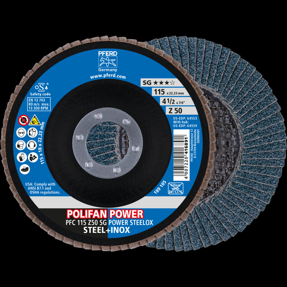 PFERD Flap Disc, 4-1/2&#34; x 7/8, Z SG POWER STEELOX, 50 Grit, T29, Conical, Zirconia<span class=' ItemWarning' style='display:block;'>Item is usually in stock, but we&#39;ll be in touch if there&#39;s a problem<br /></span>