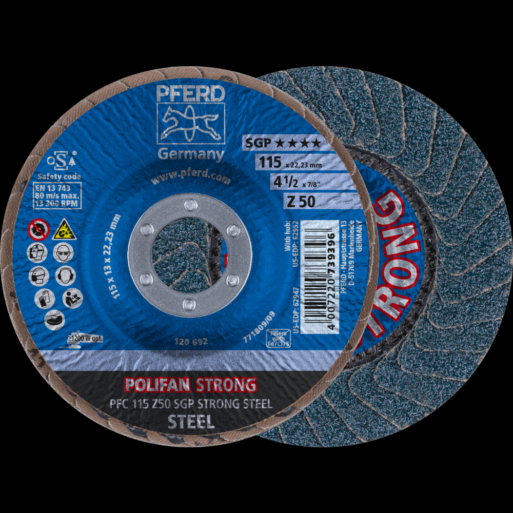 PFERD Flap Disc, 4-1/2&#34; x 7/8, Z SGP STRONG STEEL, 50 Grit, T29, Conical, Zirconia<span class=' ItemWarning' style='display:block;'>Item is usually in stock, but we&#39;ll be in touch if there&#39;s a problem<br /></span>