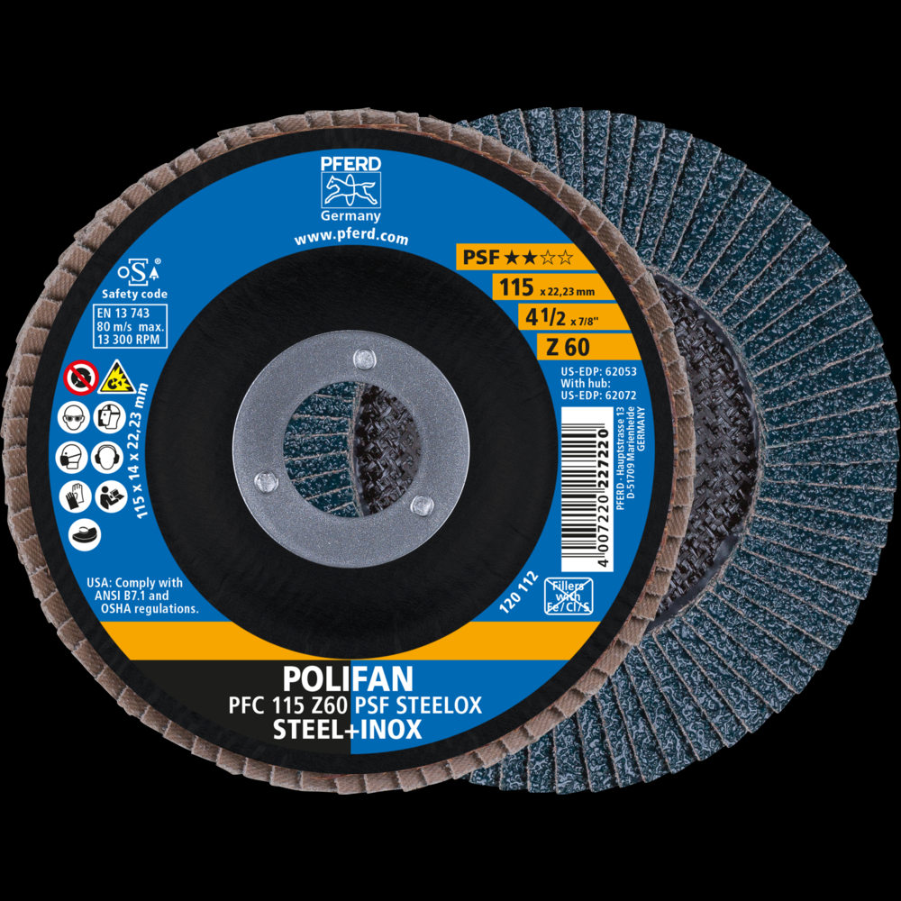 PFERD Flap Disc, 4-1/2&#34; x 7/8, Z PSF STEELOX, 60 Grit, T29, Conical, Zirconia<span class=' ItemWarning' style='display:block;'>Item is usually in stock, but we&#39;ll be in touch if there&#39;s a problem<br /></span>