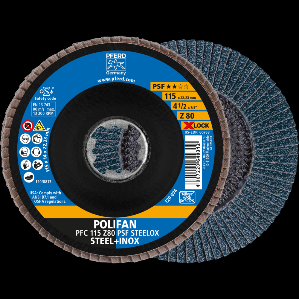 PFERD Flap Disc, 4-1/2&#34;, X-LOCK, Z PSF EXTRA STEELOX, 80 Grit, T29, Conical, Zirconia<span class=' ItemWarning' style='display:block;'>Item is usually in stock, but we&#39;ll be in touch if there&#39;s a problem<br /></span>