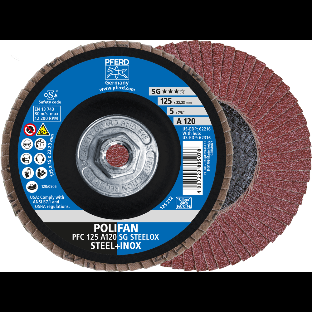 PFERD Flap Disc, 5&#34; x 5/8-11, A SG STEELOX, 120 Grit, T29, Conical, Aluminum oxide<span class=' ItemWarning' style='display:block;'>Item is usually in stock, but we&#39;ll be in touch if there&#39;s a problem<br /></span>