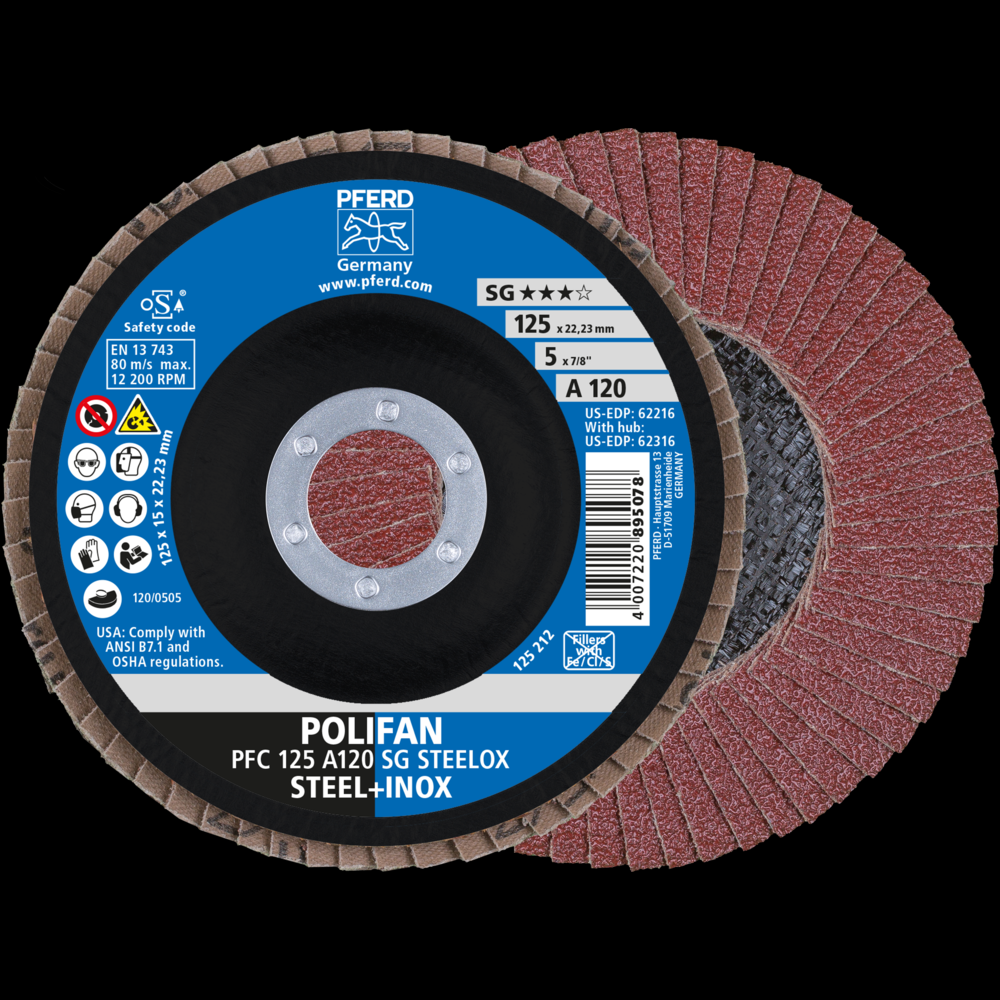 PFERD Flap Disc, 5&#34; x 7/8, A SG STEELOX, 120 Grit, T29, Conical, Aluminum oxide<span class=' ItemWarning' style='display:block;'>Item is usually in stock, but we&#39;ll be in touch if there&#39;s a problem<br /></span>