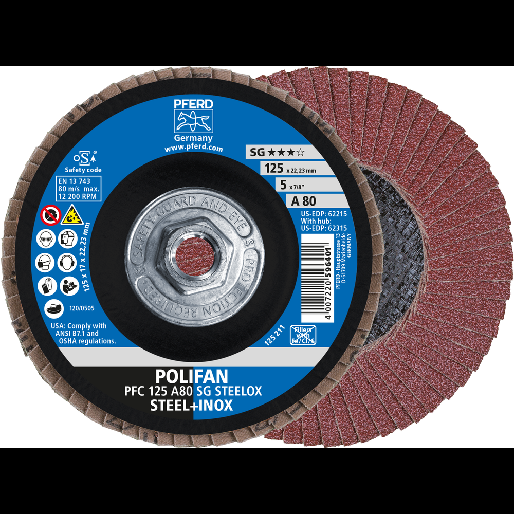 PFERD Flap Disc, 5&#34; x 5/8-11, A SG STEELOX, 80 Grit, T29, Conical, Aluminum oxide<span class=' ItemWarning' style='display:block;'>Item is usually in stock, but we&#39;ll be in touch if there&#39;s a problem<br /></span>