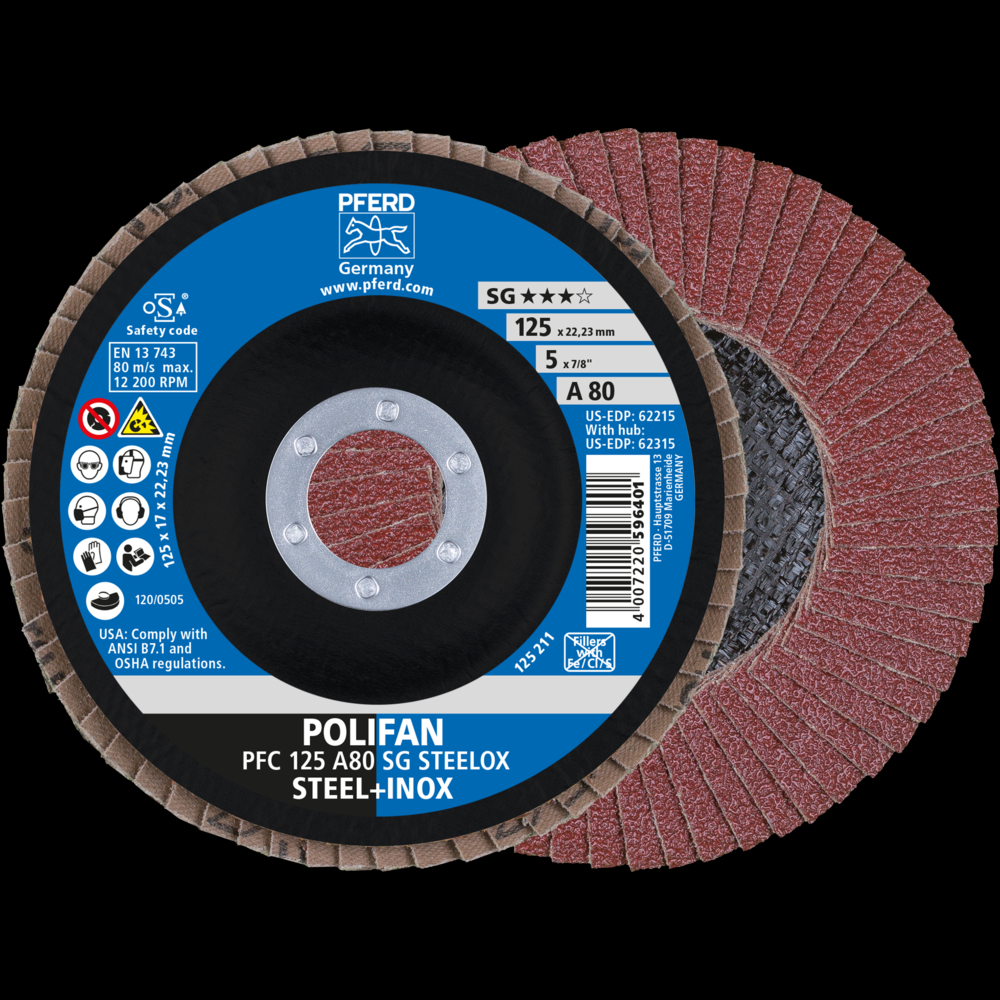 PFERD Flap Disc, 5&#34; x 7/8, A SG STEELOX, 80 Grit, T29, Conical, Aluminum oxide<span class=' ItemWarning' style='display:block;'>Item is usually in stock, but we&#39;ll be in touch if there&#39;s a problem<br /></span>