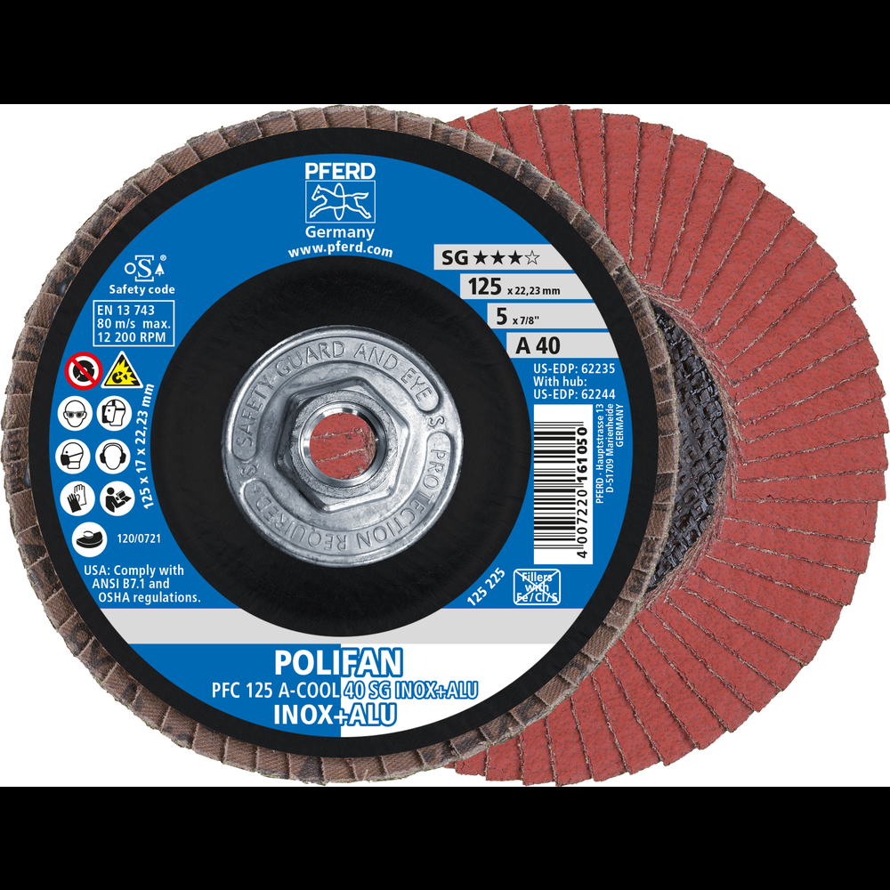 PFERD Flap Disc, 5&#34; x 5/8-11, A-COOL SG INOX+ALU, 40 Grit, T29, Conical,Aluminum oxide<span class=' ItemWarning' style='display:block;'>Item is usually in stock, but we&#39;ll be in touch if there&#39;s a problem<br /></span>