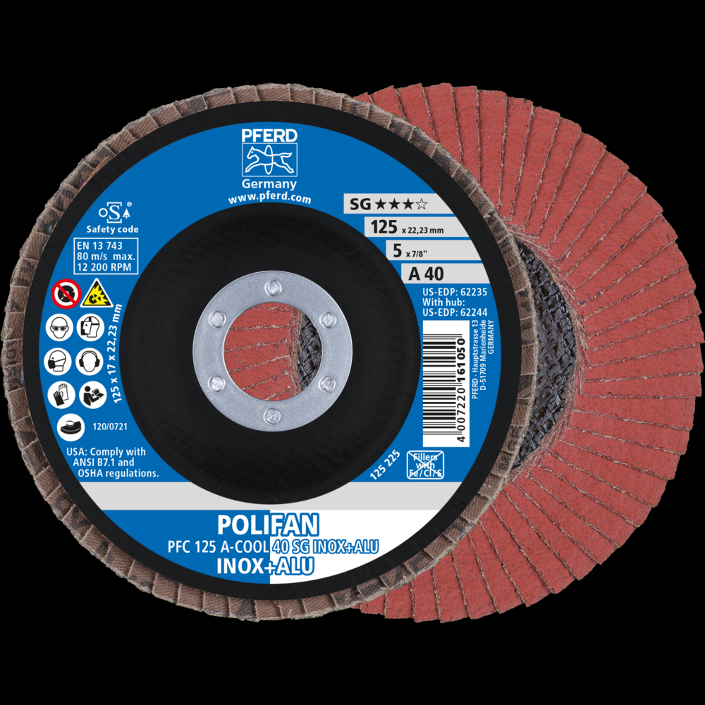 PFERD Flap Disc, 5&#34; x 7/8, A-COOL SG INOX+ALU, 40 Grit, T29, Conical, Aluminum oxide<span class=' ItemWarning' style='display:block;'>Item is usually in stock, but we&#39;ll be in touch if there&#39;s a problem<br /></span>