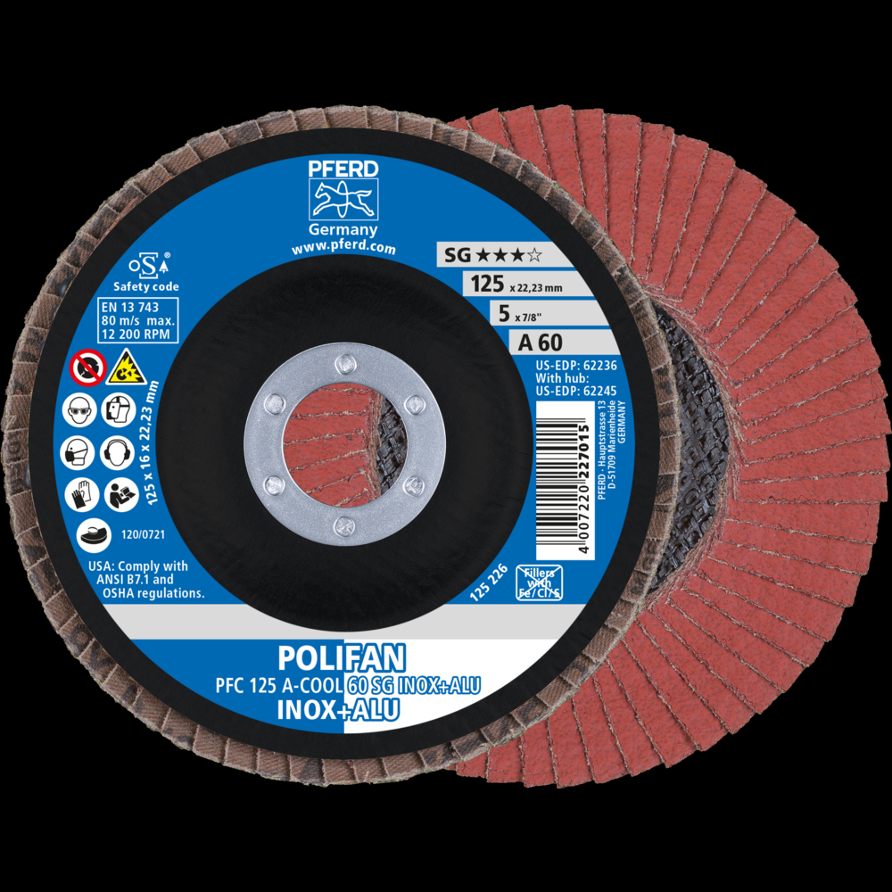 PFERD Flap Disc, 5&#34; x 7/8, A-COOL SG INOX+ALU, 60 Grit, T29, Conical, Aluminum oxide<span class=' ItemWarning' style='display:block;'>Item is usually in stock, but we&#39;ll be in touch if there&#39;s a problem<br /></span>