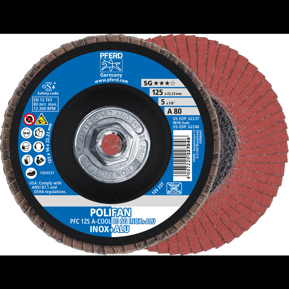 PFERD Flap Disc, 5&#34; x 5/8-11, A-COOL SG INOX+ALU, 80 Grit, T29, Conical,Aluminum oxide<span class=' ItemWarning' style='display:block;'>Item is usually in stock, but we&#39;ll be in touch if there&#39;s a problem<br /></span>