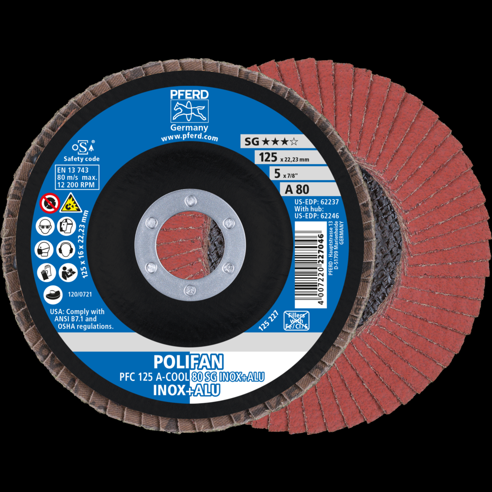 PFERD Flap Disc, 5&#34; x 7/8, A-COOL SG INOX+ALU, 80 Grit, T29, Conical, Aluminum oxide<span class=' ItemWarning' style='display:block;'>Item is usually in stock, but we&#39;ll be in touch if there&#39;s a problem<br /></span>