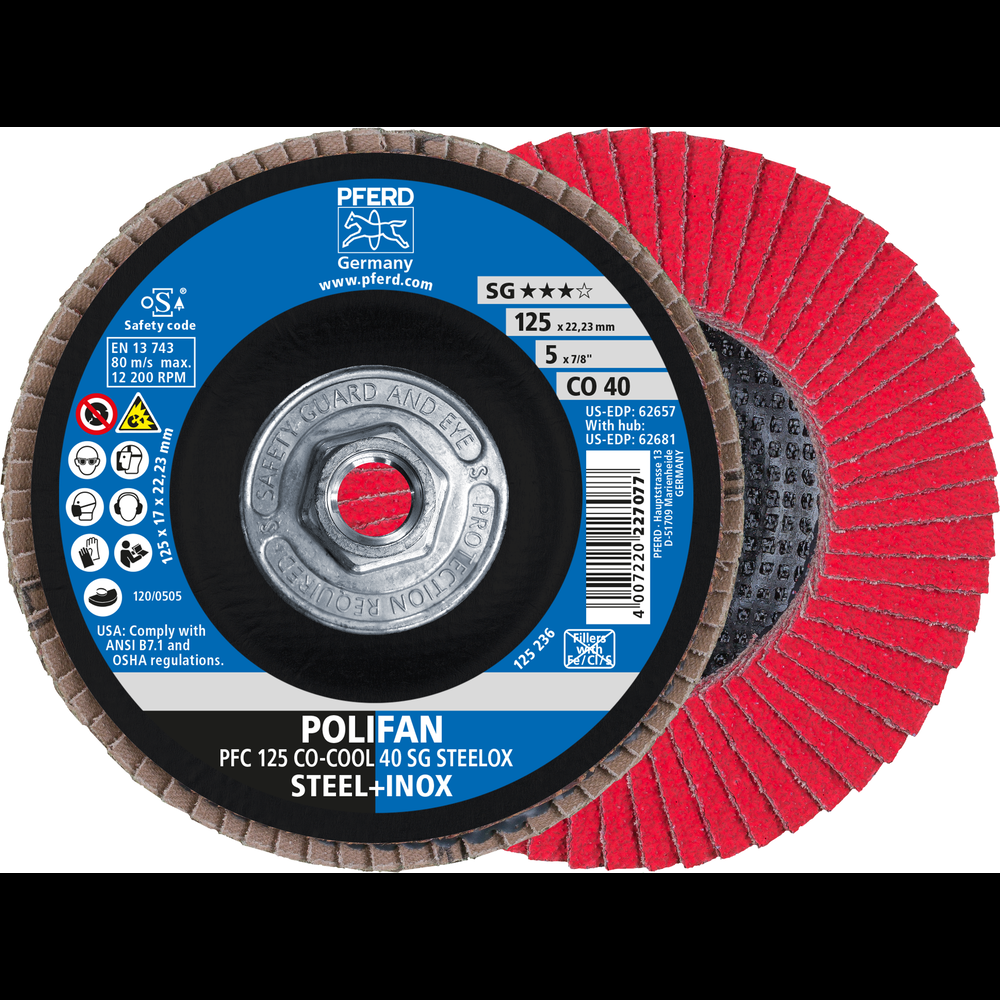 PFERD Flap Disc, 5&#34; x 5/8-11, CO-COOL SG STEELOX, 40 Grit, T29, Conical, Ceramic oxide<span class=' ItemWarning' style='display:block;'>Item is usually in stock, but we&#39;ll be in touch if there&#39;s a problem<br /></span>