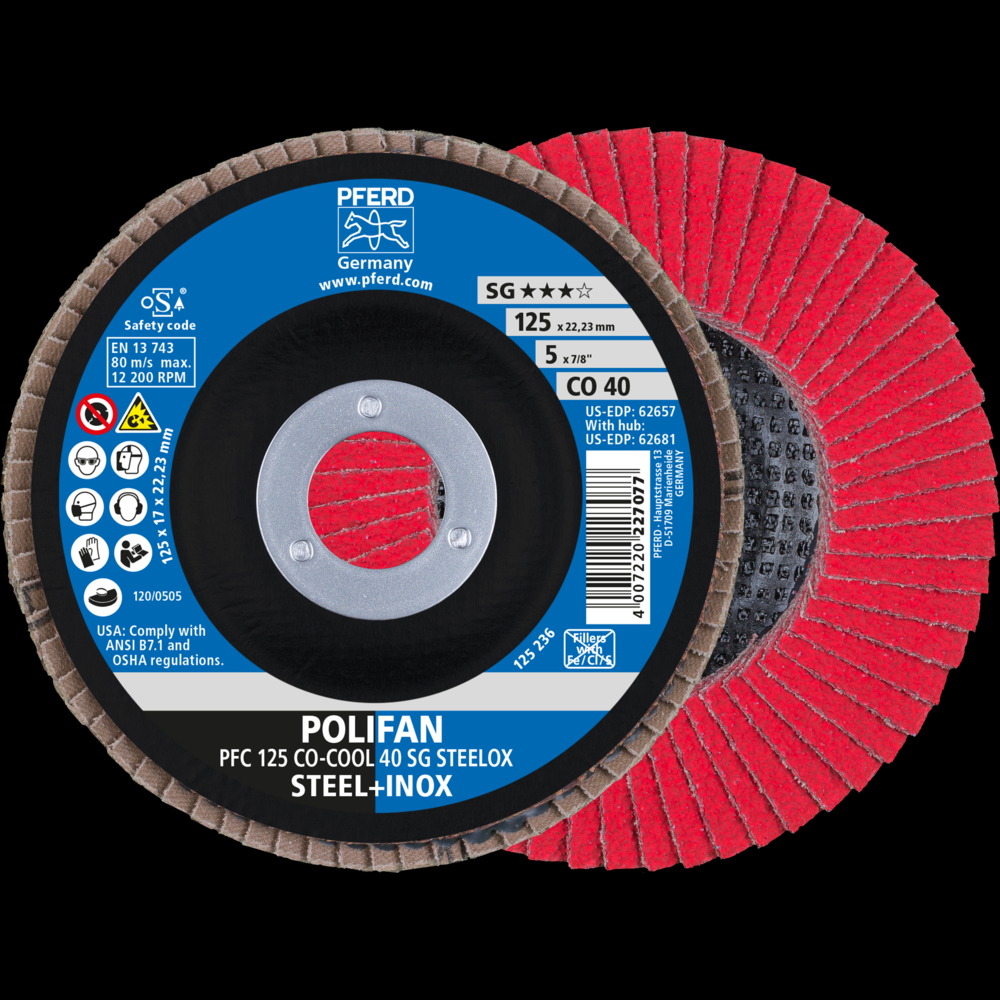 PFERD Flap Disc, 5&#34; x 7/8, CO-COOL SG STEELOX, 40 Grit, T29, Conical, Ceramic oxide<span class=' ItemWarning' style='display:block;'>Item is usually in stock, but we&#39;ll be in touch if there&#39;s a problem<br /></span>