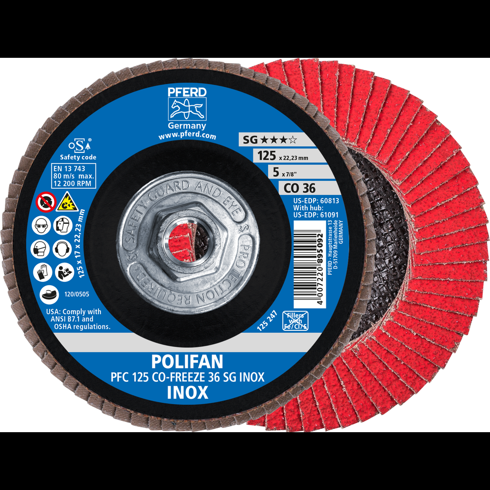 PFERD Flap Disc, 5&#34; x 5/8-11, CO-FREEZE SG INOX, 36 Grit, T29, Conical, Ceramic<span class=' ItemWarning' style='display:block;'>Item is usually in stock, but we&#39;ll be in touch if there&#39;s a problem<br /></span>