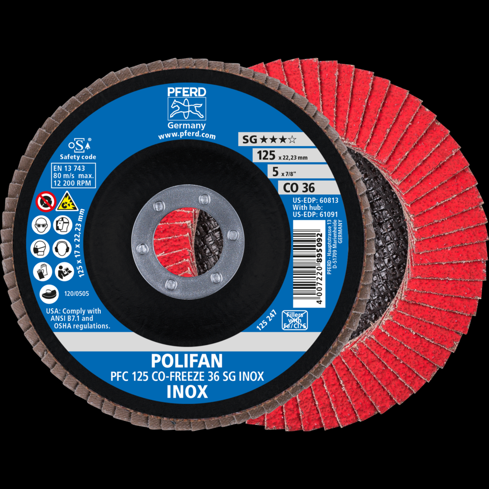 PFERD Flap Disc, 5&#34; x 7/8, CO-FREEZE SG INOX, 36 Grit, T29, Conical, Ceramic<span class=' ItemWarning' style='display:block;'>Item is usually in stock, but we&#39;ll be in touch if there&#39;s a problem<br /></span>