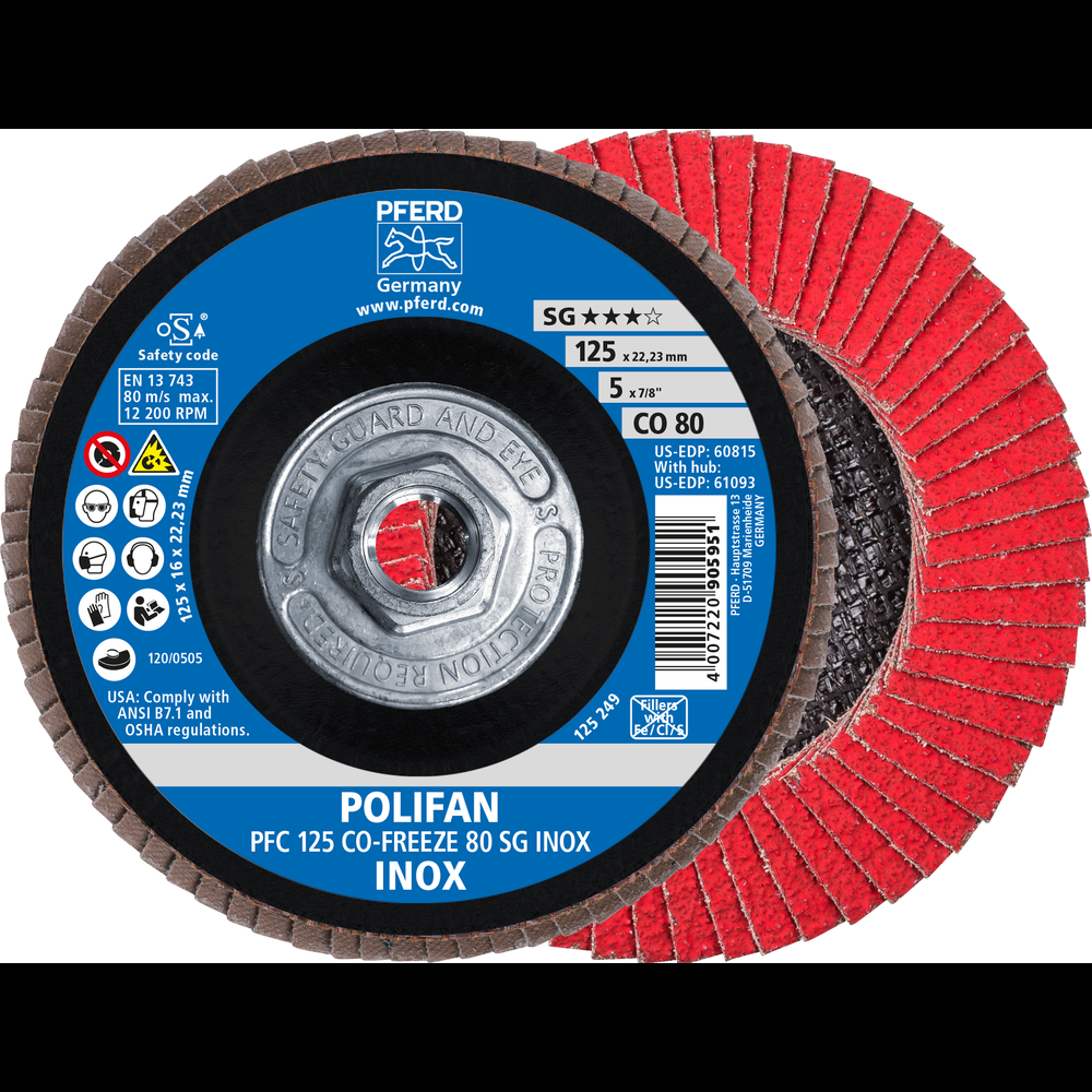 PFERD Flap Disc, 5&#34; x 5/8-11, CO-FREEZE SG INOX, 80 Grit, T29, Conical, Ceramic<span class=' ItemWarning' style='display:block;'>Item is usually in stock, but we&#39;ll be in touch if there&#39;s a problem<br /></span>