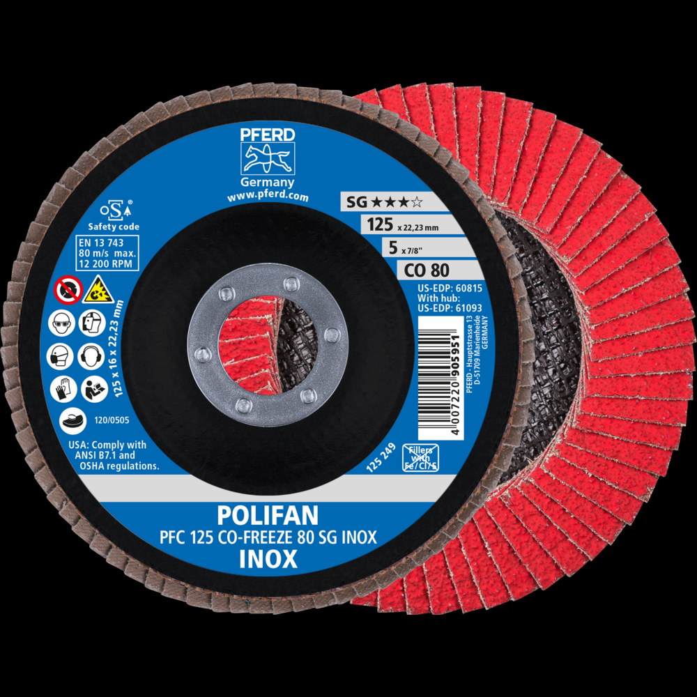 PFERD Flap Disc, 5&#34; x 7/8, CO-FREEZE SG INOX, 80 Grit, T29, Conical, Ceramic<span class=' ItemWarning' style='display:block;'>Item is usually in stock, but we&#39;ll be in touch if there&#39;s a problem<br /></span>