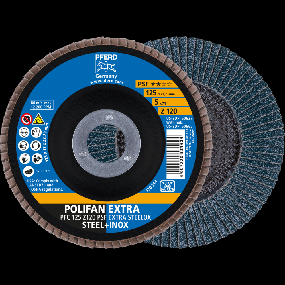 PFERD Flap Disc, 5&#34; x 7/8, Z PSF EXTRA STEELOX, 120 Grit, T29, Conical, Zirconia<span class=' ItemWarning' style='display:block;'>Item is usually in stock, but we&#39;ll be in touch if there&#39;s a problem<br /></span>