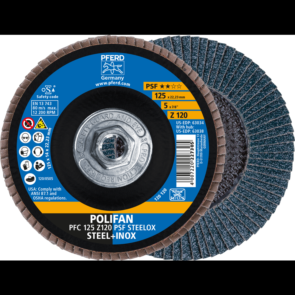 PFERD Flap Disc, 5&#34; x 5/8-11, Z PSF STEELOX, 120 Grit, T29, Conical, Zirconia<span class=' ItemWarning' style='display:block;'>Item is usually in stock, but we&#39;ll be in touch if there&#39;s a problem<br /></span>