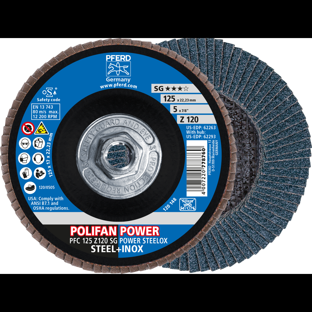 PFERD Flap Disc, 5&#34; x 5/8-11, Z SG POWER STEELOX, 120 Grit, T29, Conical, Zirconia<span class=' ItemWarning' style='display:block;'>Item is usually in stock, but we&#39;ll be in touch if there&#39;s a problem<br /></span>