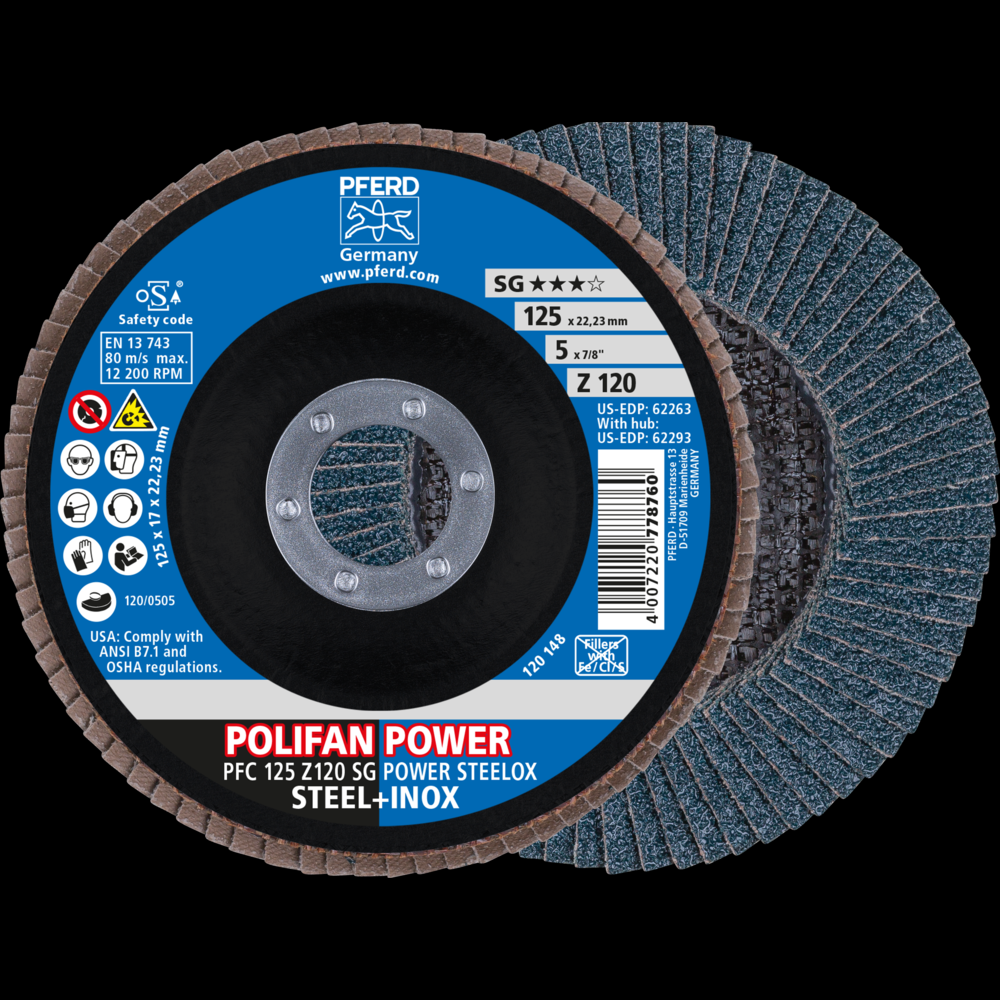 PFERD Flap Disc, 5&#34; x 7/8, Z SG POWER STEELOX, 120 Grit, T29, Conical, Zirconia<span class=' ItemWarning' style='display:block;'>Item is usually in stock, but we&#39;ll be in touch if there&#39;s a problem<br /></span>