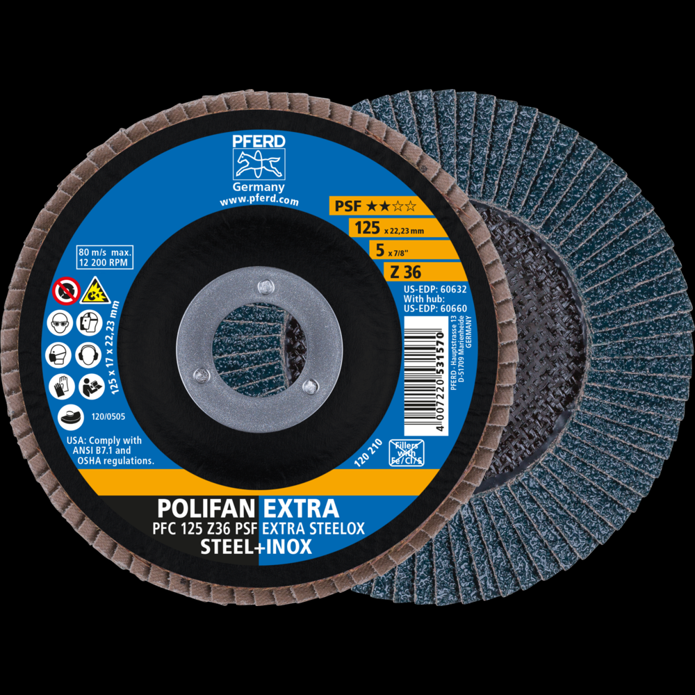 PFERD Flap Disc, 5&#34; x 7/8, Z PSF EXTRA STEELOX, 36 Grit, T29, Conical, Zirconia<span class=' ItemWarning' style='display:block;'>Item is usually in stock, but we&#39;ll be in touch if there&#39;s a problem<br /></span>