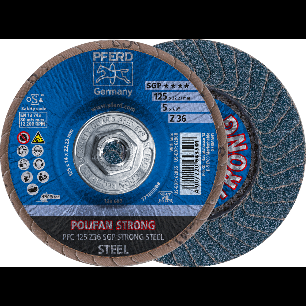 PFERD Flap Disc, 5&#34; x 5/8-11, Z SGP STRONG STEEL, 36 Grit, T29, Conical, Zirconia<span class=' ItemWarning' style='display:block;'>Item is usually in stock, but we&#39;ll be in touch if there&#39;s a problem<br /></span>