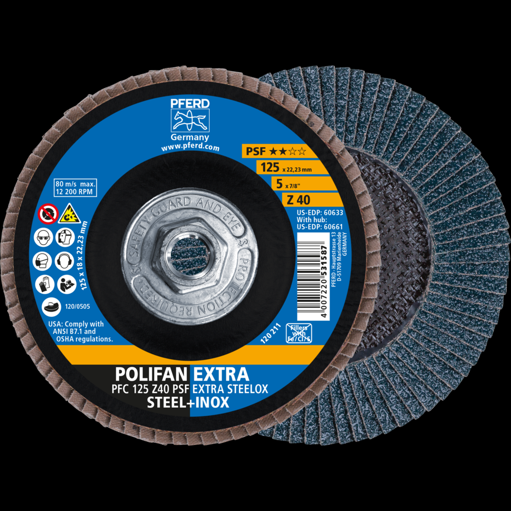 PFERD Flap Disc, 5&#34; x 5/8-11, Z PSF EXTRA STEELOX, 40 Grit, T29, Conical, Zirconia<span class=' ItemWarning' style='display:block;'>Item is usually in stock, but we&#39;ll be in touch if there&#39;s a problem<br /></span>